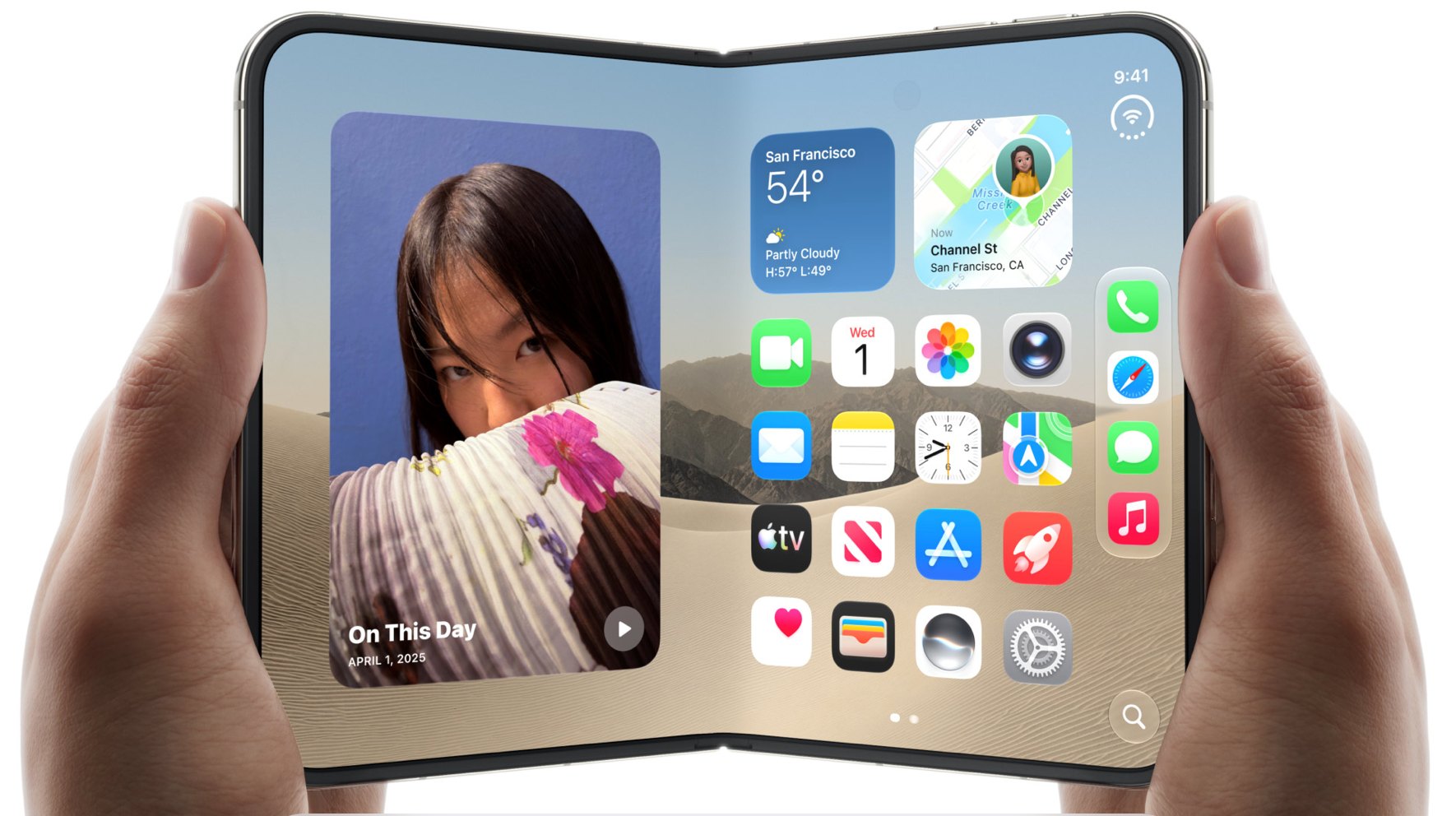 Two hands holding an opened 7.6-inch foldable iPhone Duo